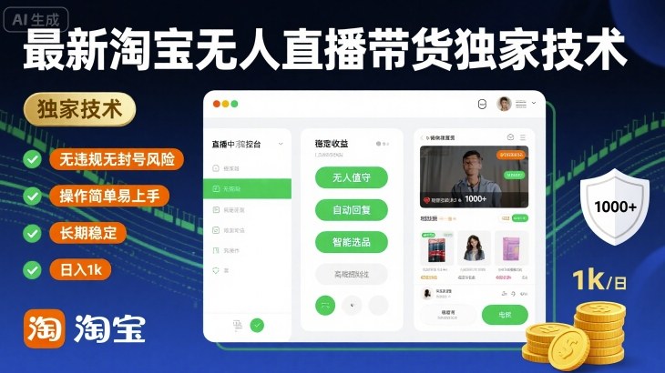 最新淘宝无人直播带货独家技术，无违规无封号风险，操作简单易上手，长期稳定日入1k【揭秘】-千帆网赚