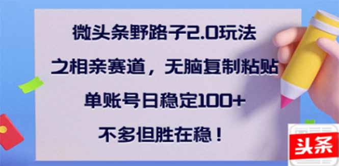 （14334期）微头条野路子2.0玩法之相亲赛道，无脑搬砖复制粘贴，单账号日稳定300+…-千帆网赚