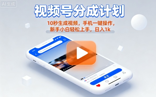 视频号分成计划懒人玩法，10秒生成视频，手机一键操作，新手小白轻松上手，日入1K【揭秘】-千帆网赚