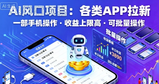 AI风口项目，各类APP拉新，一部手机就可以操作，收益上限高，可批量操作-千帆网赚