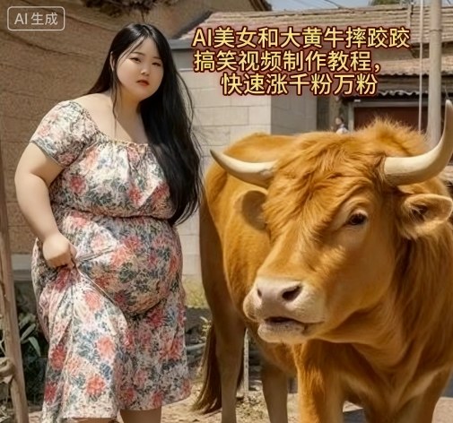 AI美女和大黄牛摔跤搞笑荒诞视频制作教程，快速涨千粉万粉-千帆网赚