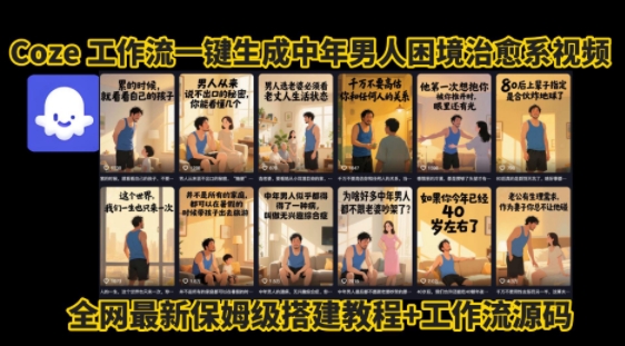 coze工作流一键生成”中年男人困境扎心高涨粉高播放量图文视频”保姆级拆解教程，无需剪辑，无需拍摄写文案-千帆网赚