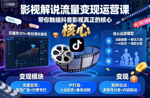 影视解说流量变现运营课，带你触碰抖音影视真正的核心-千帆网赚