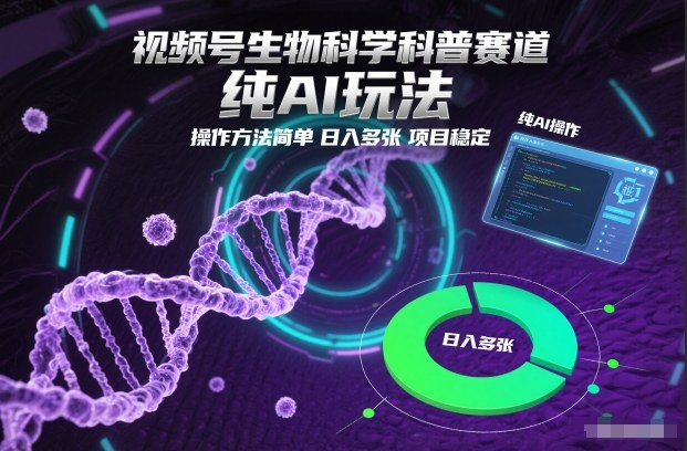 视频号生物科学科普赛道，纯AI玩法，操作方法简单，日入多张，项目稳定-千帆网赚