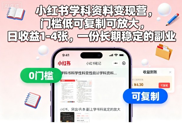 小红书学科资料变现营，门槛低可复制可放大，日收益1-4张，一份长期稳定的副业-千帆网赚