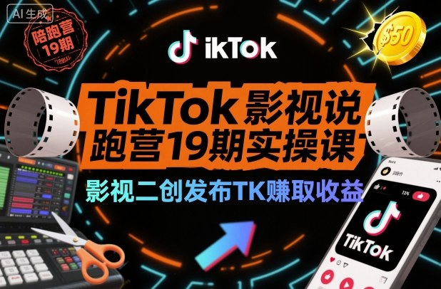TikTok影视解说陪跑营19期实操课，影视二创发布TK賺取收益，万播收益50美金-千帆网赚