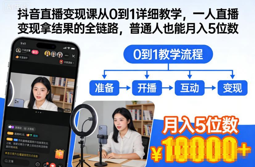抖音直播变现课从0到1详细教学，一人直播变现拿结果的全链路，普通人也能月入5位数-千帆网赚