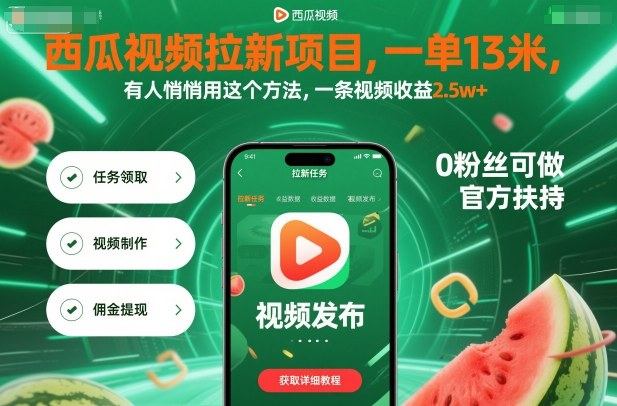 西瓜视频拉新项目，一单13米，有人悄悄用这个方法，一条视频收益2.5w+（附详细教程）-千帆网赚