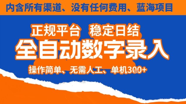 全自动数字录入，单机日入3张+，内含所有渠道全程免费零成本，操作简单可矩阵开干【揭秘】-千帆网赚