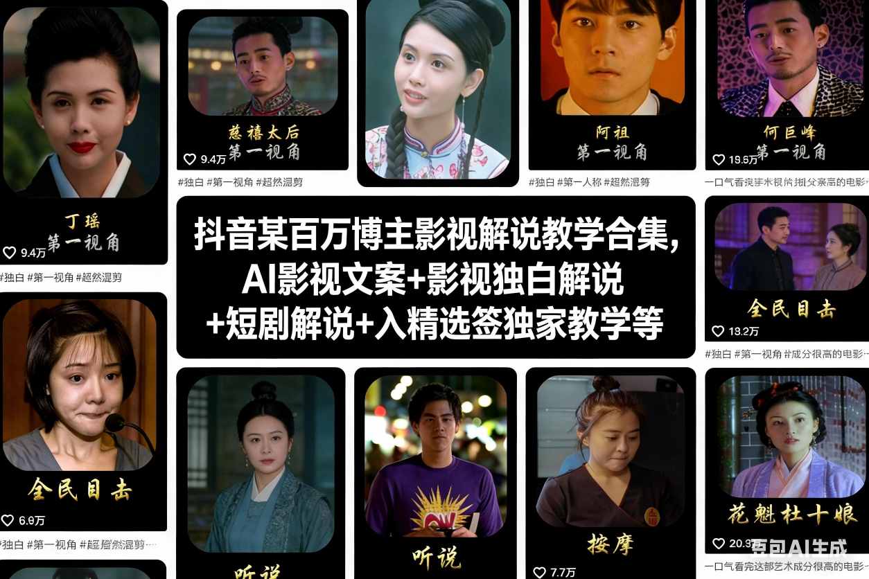 抖音某百万博主影视解说教学合集，AI影视文案+影视独白解说+短剧解说+入精选签独家教学等-千帆网赚