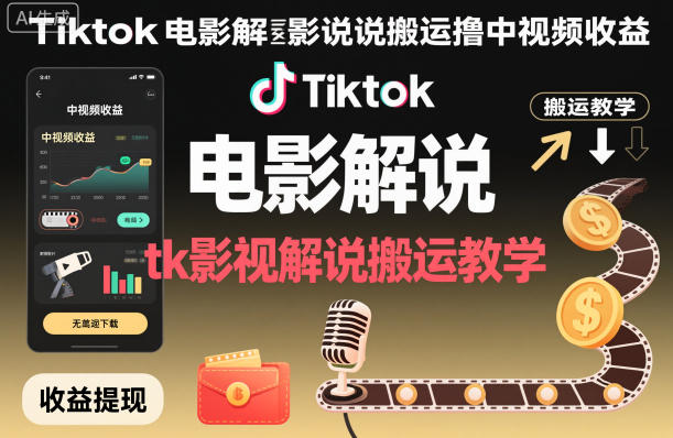 Tiktok电影解说搬运撸中视频收益，tk影视解说搬运教学-千帆网赚