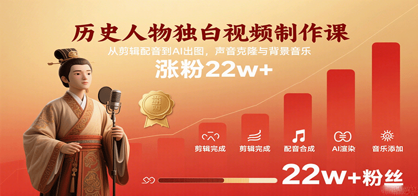 历史人物独白视频制作课，从剪辑配音到AI出图，声音克隆与背景音乐，涨粉22w+-千帆网赚