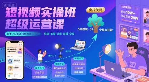 短视频实操班超级运营课，新手小白到短视频大神必修课程，剪辑-拍摄-运营-直播-变现-千帆网赚