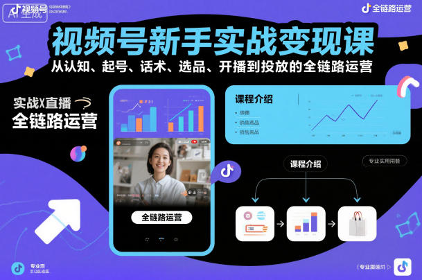 视频号新手实战变现课，从认知、起号、话术、选品、开播到投放的全链路运营-千帆网赚