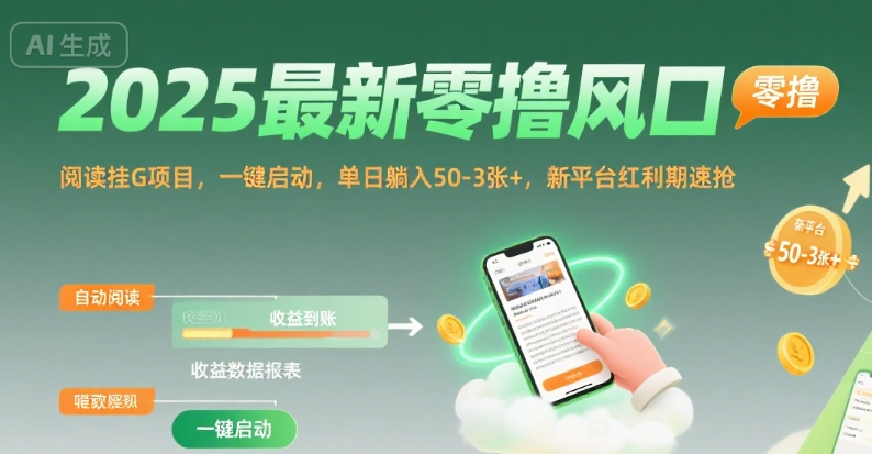2025最新零撸风口，阅读挂G项目，一键启动，单日躺入 50-3张+，新平台红利期速抢【揭秘】-千帆网赚