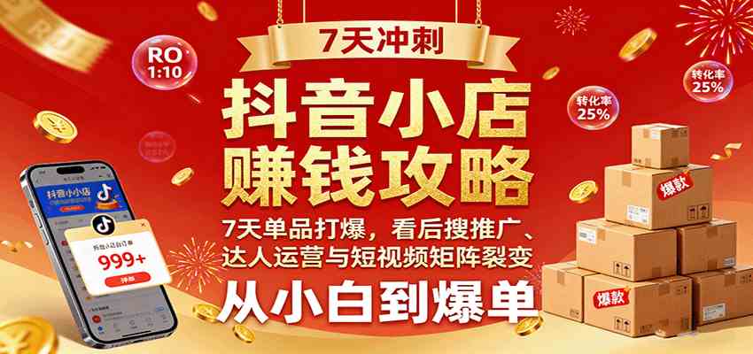 抖音小店赚钱攻略：7天单品打爆技巧，看后搜推广、达人运营与短视频矩阵裂变实战-千帆网赚