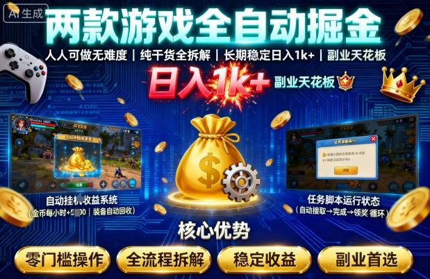 两款游戏全自动掘金，人人可做无难度，纯干货全拆解，长期稳定，日入1k+，副业天花板【揭秘】-千帆网赚