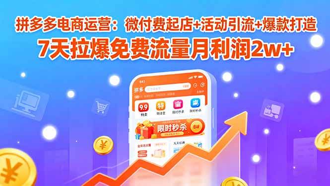 （15960期）拼多多电商运营：微付费起店+活动引流+爆款打造 7天拉爆免费流量月利润2w+-千帆网赚