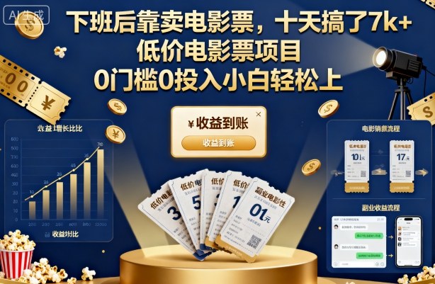 下班后靠卖电影票，十天搞了7k+，低价电影票项目，0门槛0投入小白轻松上手【揭秘】-千帆网赚