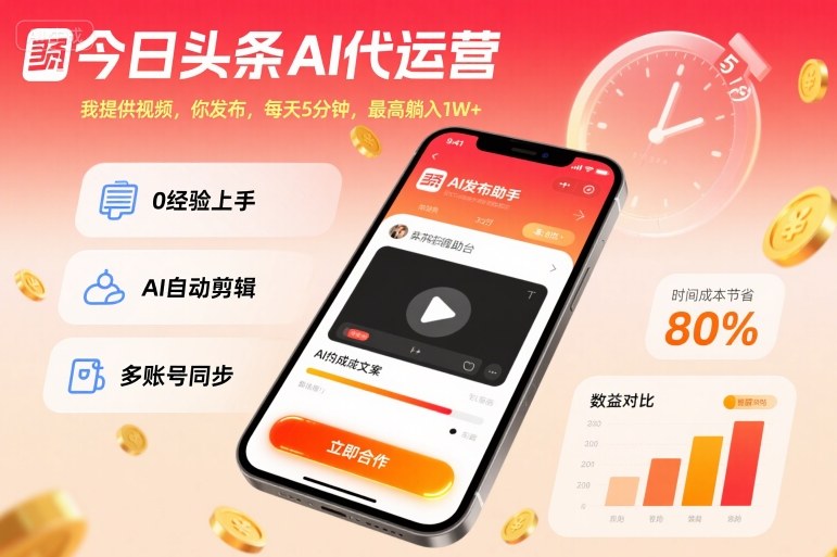 今日头条AI代运营，我提供视频，你发布，每天5分钟，最高躺入1W+【揭秘】-千帆网赚