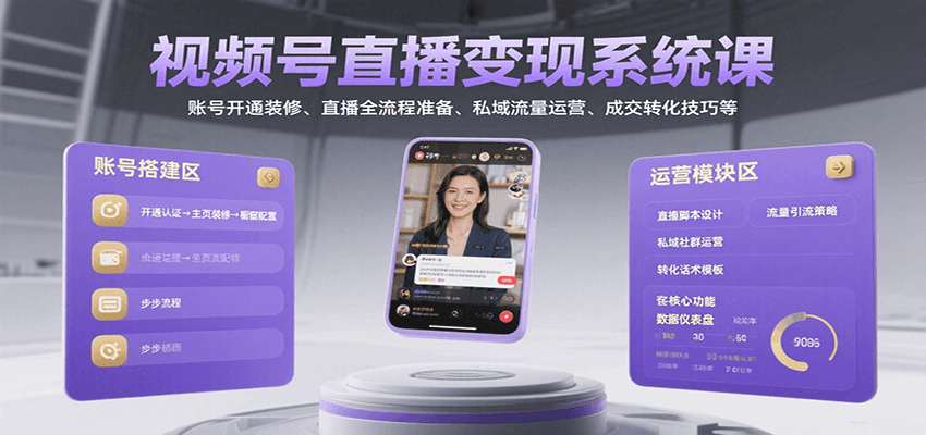 视频号直播变现系统课，账号开通装修、直播全流程准备、私域流量运营、成交转化技巧等-千帆网赚