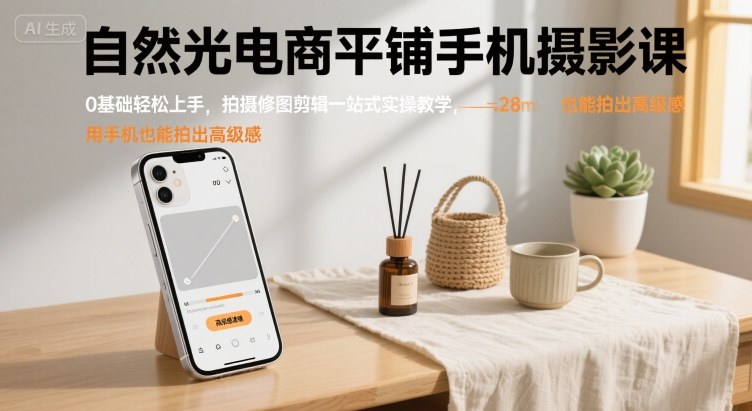 自然光电商平铺手机摄影课，0基础轻松上手，拍摄修图剪辑一站式实操教学，用手机也能拍出高级感-千帆网赚