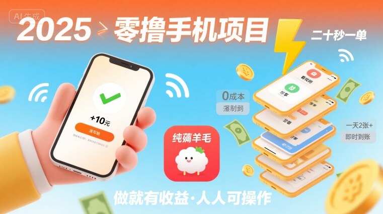 2025年零撸手机项目，二十秒一单，纯薅羊毛 一天2张+做就有-千帆网赚