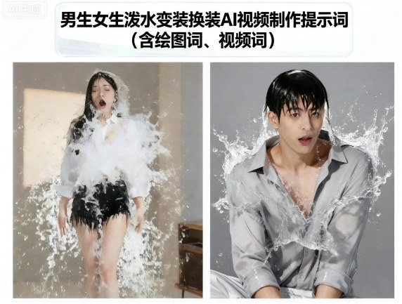 男生女生泼水变装换装AI视频制作提示词(含绘图词、视频词)-千帆网赚
