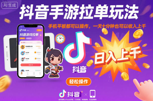 抖音手游拉单玩法，手机平板都可以操作，一天十分钟也可以收入上K【揭秘】-千帆网赚