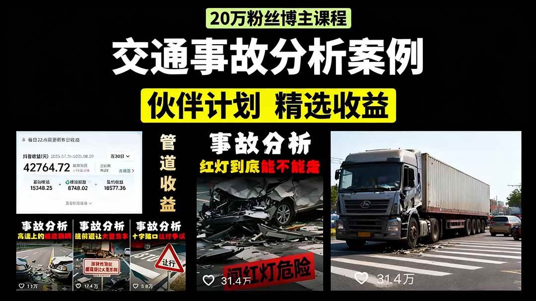 （15995期）交通事故分析案例短视频，剪辑技巧+文案模板+配音教学+快速起号 月收益2w+-千帆网赚