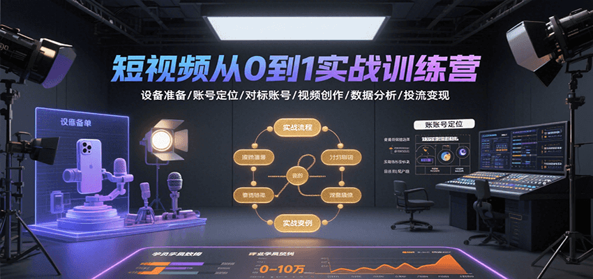 短视频从0到1实战训练营：设备准备/账号定位/对标账号/视频创作/数据分析/投流变现-千帆网赚