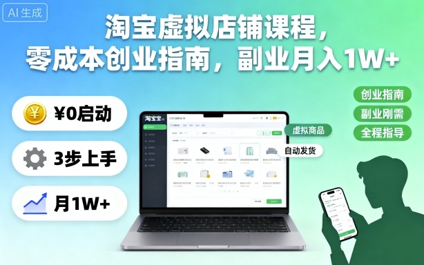 淘宝虚拟店铺课程，零成本创业指南，副业月入1W+-千帆网赚