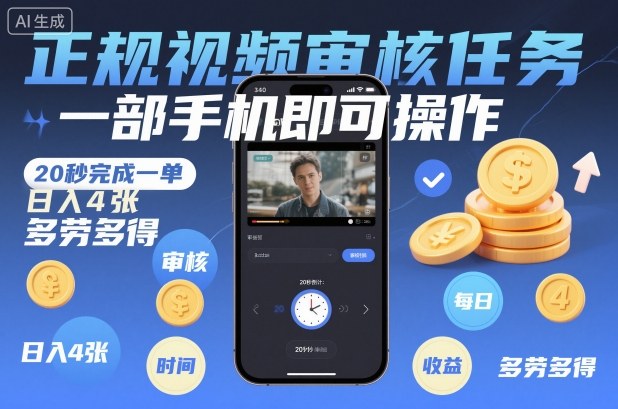 正规视频审核任务，一部手机即可操作，20秒完成一单，日入4张，多劳多得【揭秘】-千帆网赚