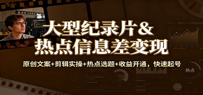 大型纪录片&热点信息差变现：原创文案+剪辑实操+热点选题+收益开通，快速起号-千帆网赚