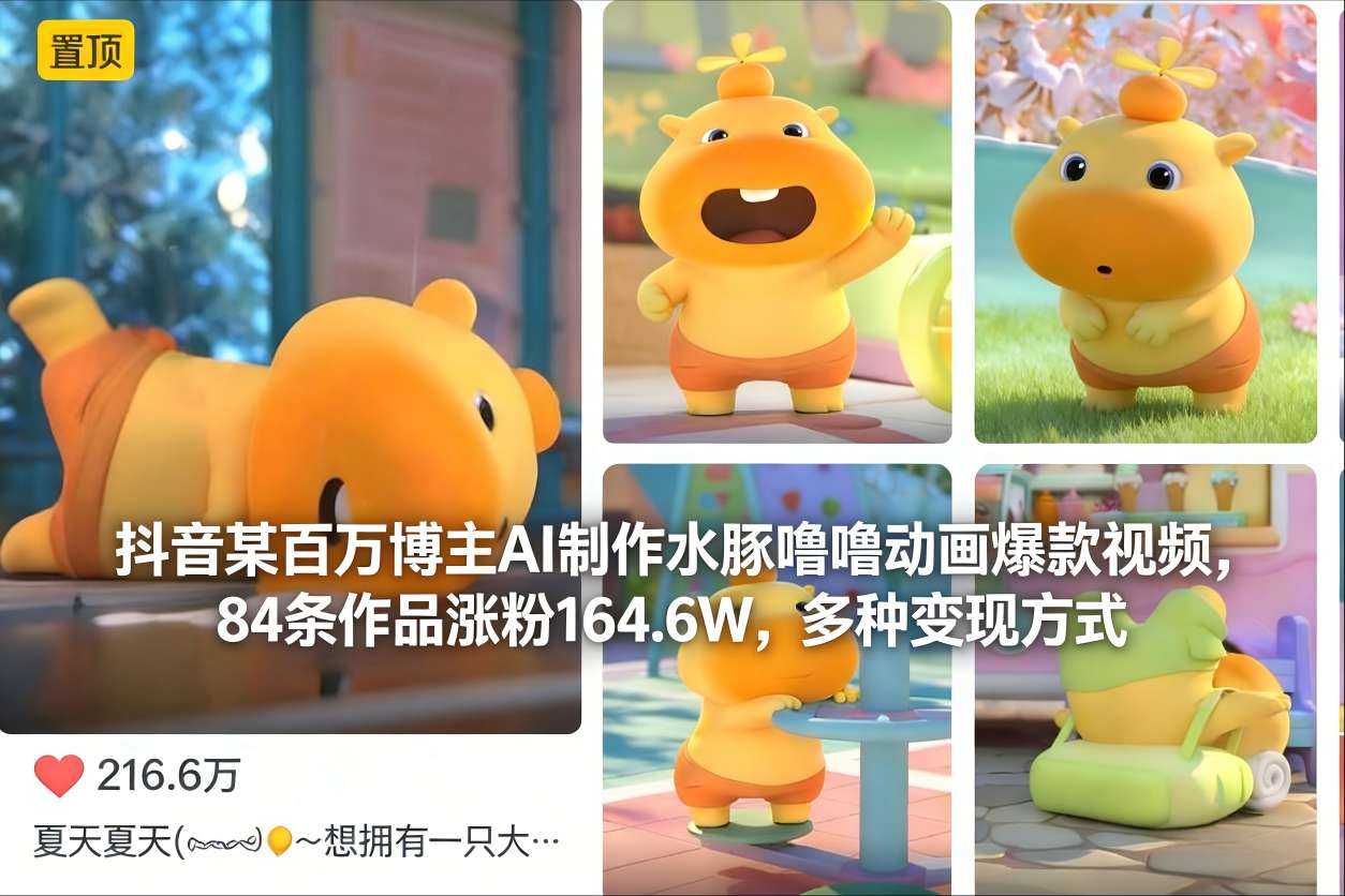 抖音某百万博主AI制作水豚噜噜动画爆款视频，84条作品涨粉164.6W，多种变现方式-千帆网赚