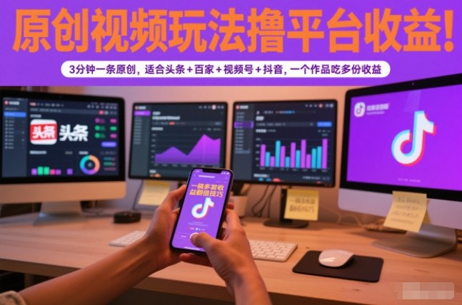 原创视频玩法撸平台收益，3分钟一条原创，适合头条+百家+视频号+抖音，一个作品吃多份收益-千帆网赚