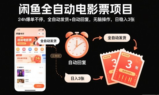 闲鱼全自动电影票项目，24h爆单不停，全自动发货+自动回复，无脑操作，日稳入3张【揭秘】-千帆网赚