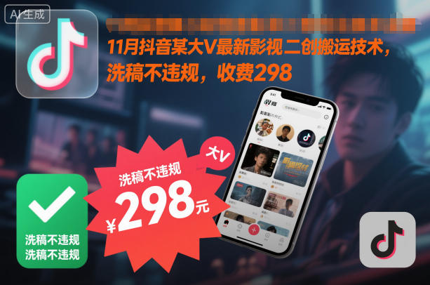 11月抖音某大V最新影视二创搬运技术，洗稿不违规，收费298-千帆网赚