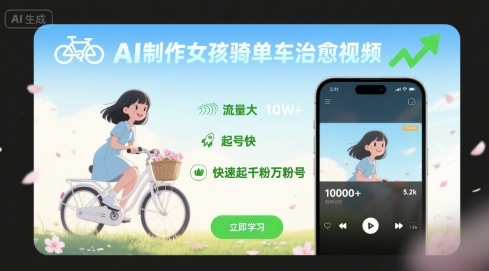AI制作女孩骑单车治愈视频，流量大，起号快，快速起千粉万粉号-千帆网赚