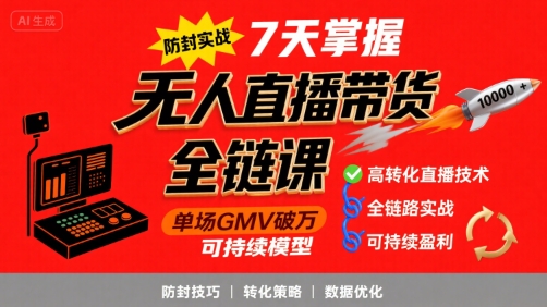 无人直播带货全链防封实战课，7天掌握高转化直播技术，实现单场GMV破万可持续模型-千帆网赚
