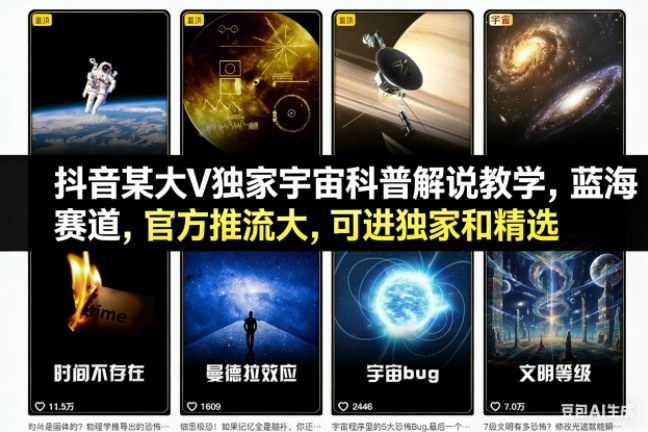 抖音某大V独家宇宙科普解说教学，蓝海赛道，官方推流大，可进独家和精选-千帆网赚