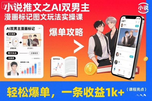 小说推文之AI双男主漫画标记图文玩法实操课，轻松爆单，一条收益1k+-千帆网赚