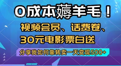 0成本薅羊毛!视频会员、话费卷、30元电影票白送，分享我如何靠转卖一天变现5张+【揭秘】-千帆网赚