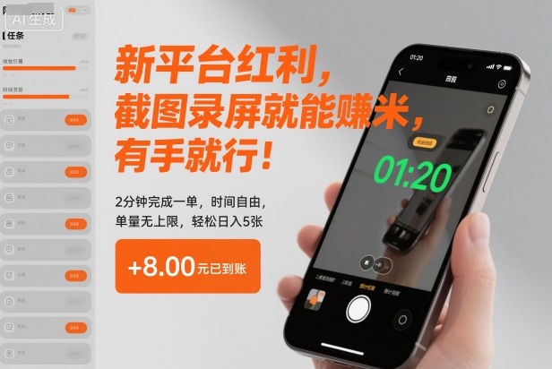 新平台红利，截图录屏就能賺米，有手就行！2分钟完成一单，时间自由，单量无上限，轻松日入5张【揭秘】-千帆网赚