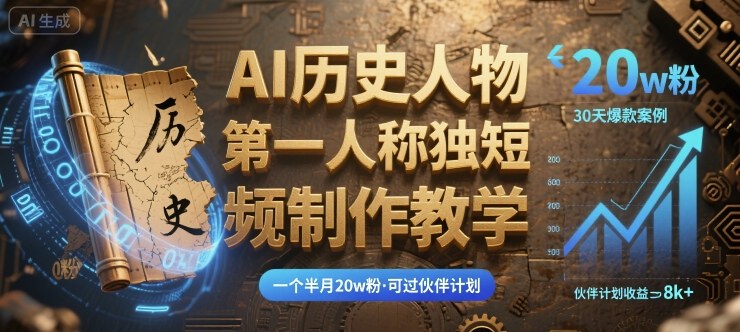 最新AI历史人物第一人称独白短视频制作教学，一个半月20w粉，可过伙伴计划-千帆网赚