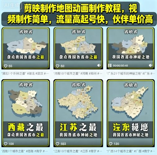 剪映制作地图动画制作教程，视频制作简单，流量高起号快，伙伴单价高-千帆网赚